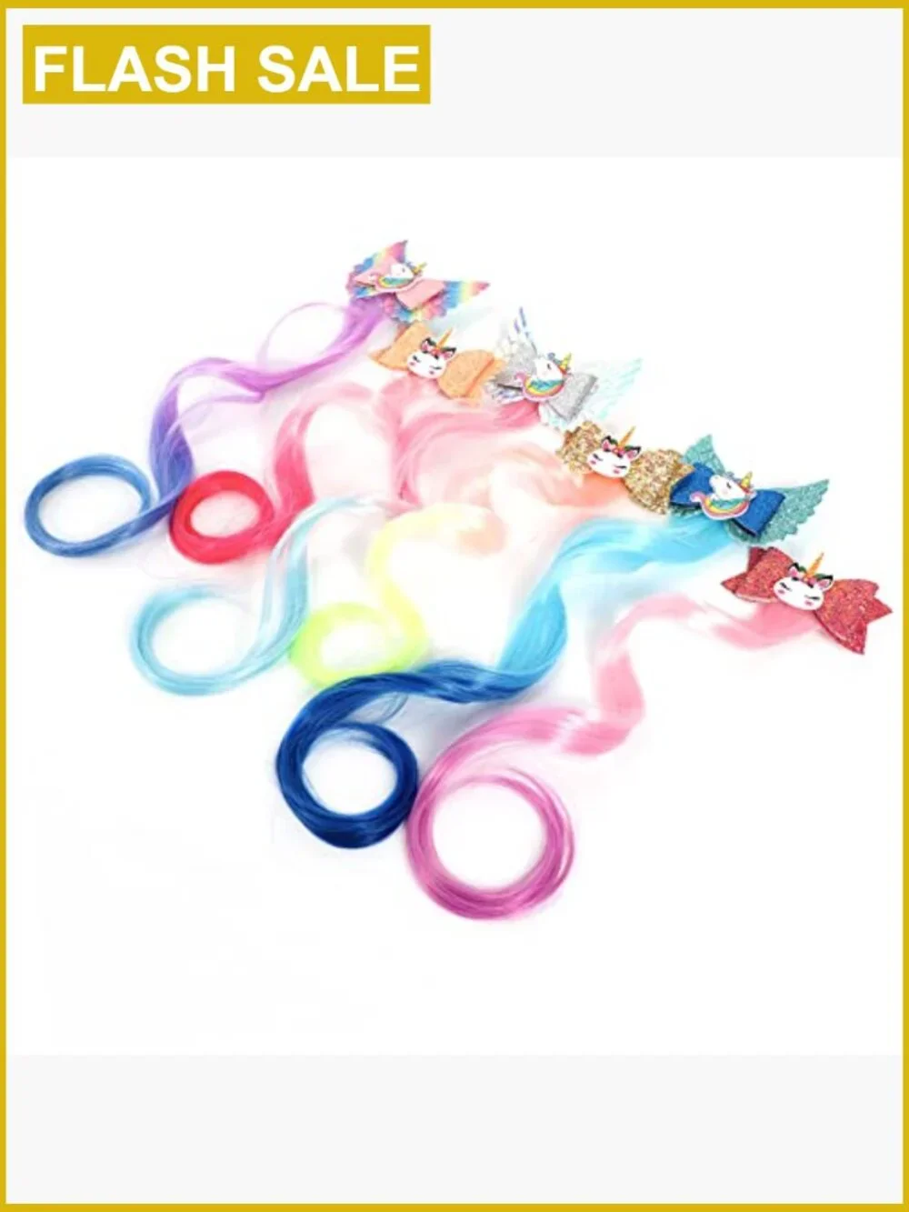 6 Unicorn Hair Bows Clips Glitter Braided Curly Wig Hair Extensions 6pcs